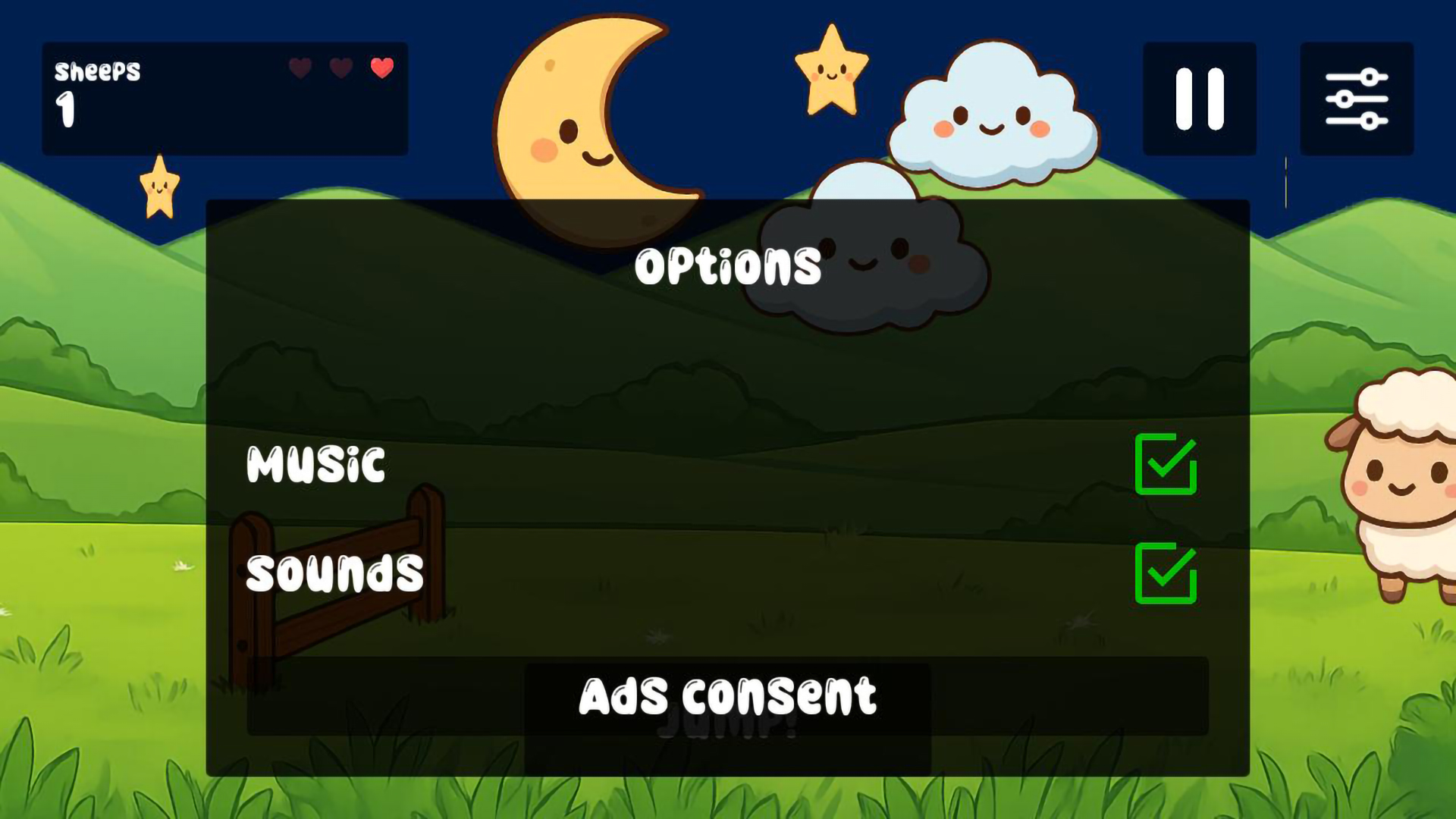 Counting Sheep Jump! - Game options screen